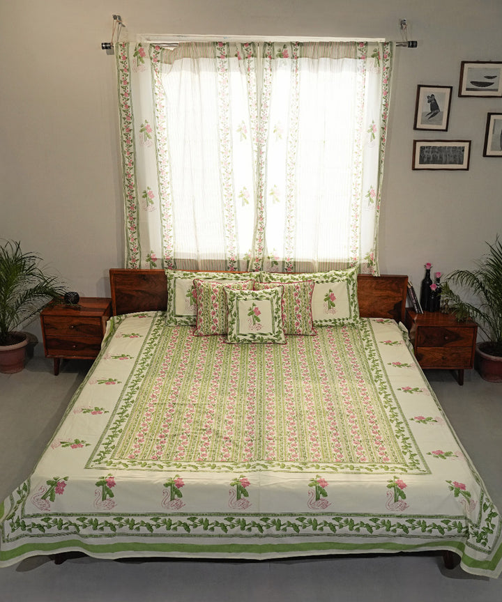 Light Green pink Cotton Hand block printed Sanganeri Bedsheet