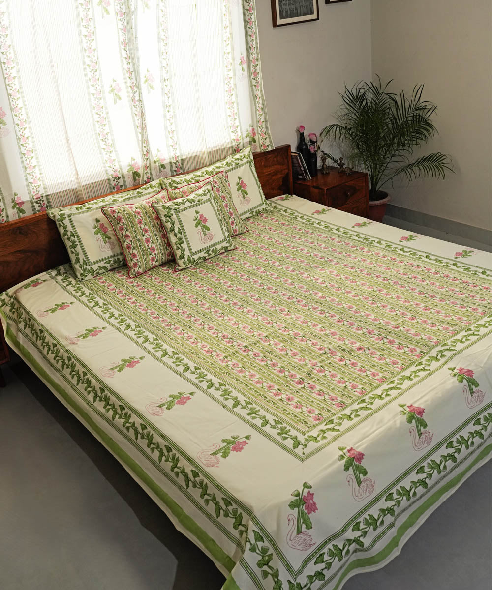 Light Green pink Cotton Hand block printed Sanganeri Bedsheet