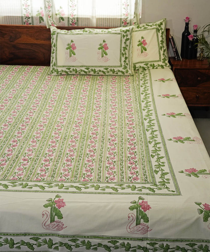 Light Green pink Cotton Hand block printed Sanganeri Bedsheet