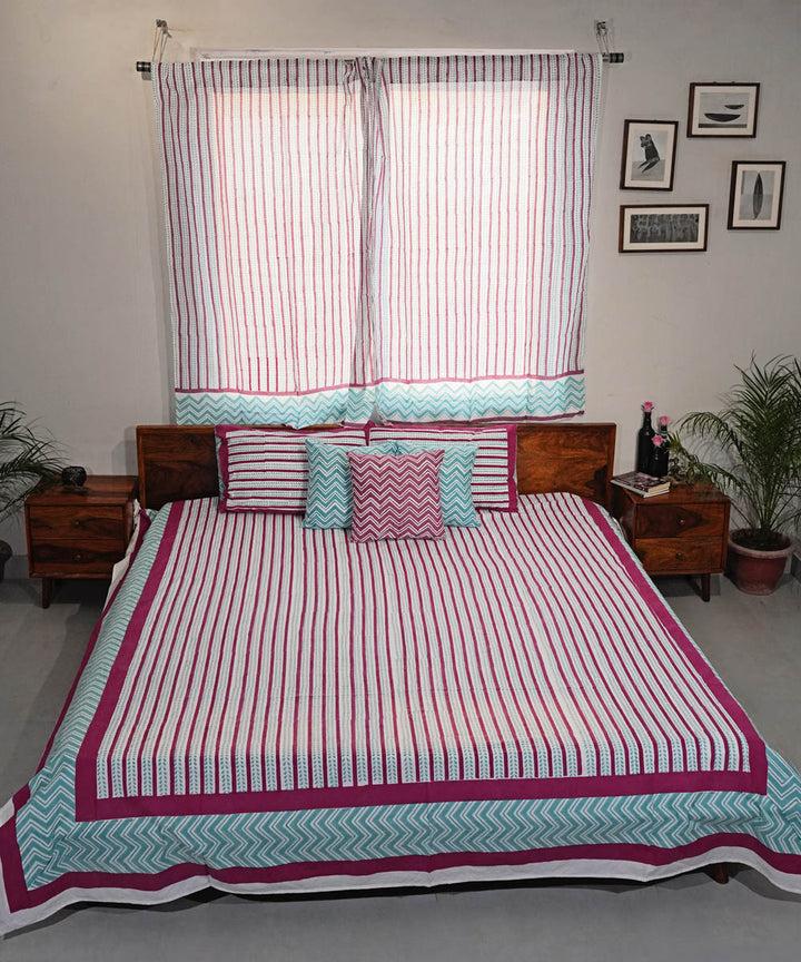 Pink sky blue Cotton Hand block printed Sanganeri Bedsheet