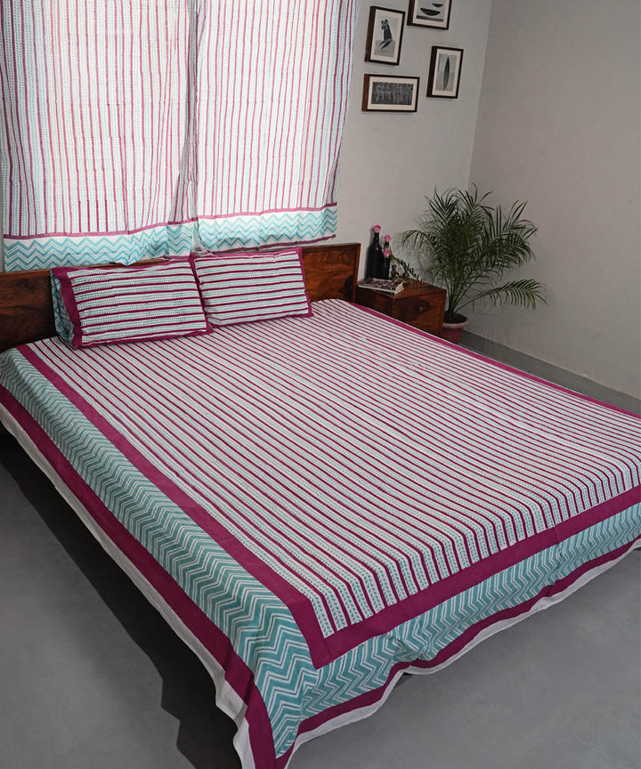 Pink sky blue Cotton Hand block printed Sanganeri Bedsheet