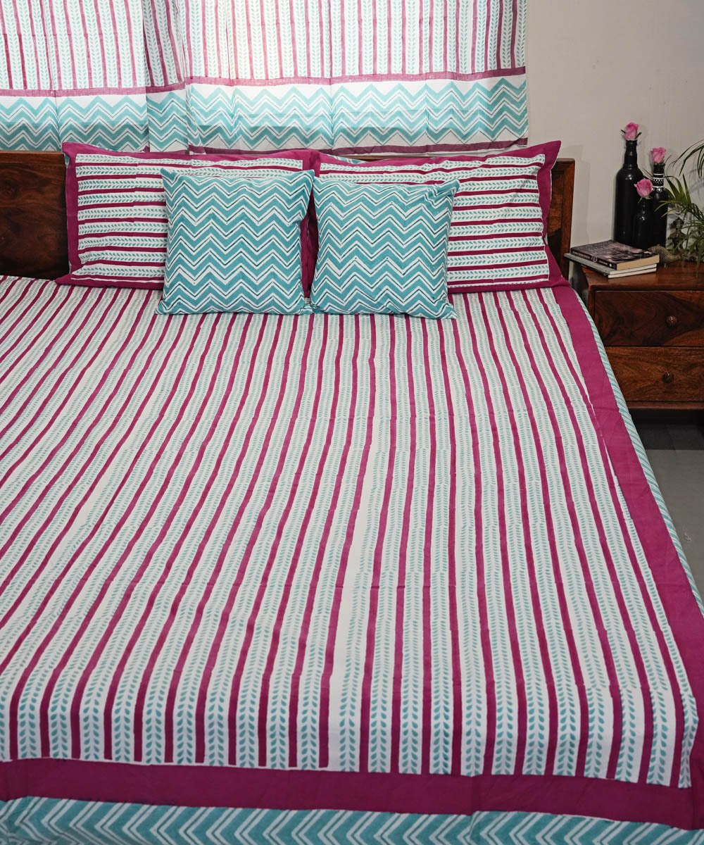 Pink sky blue Cotton Hand block printed Sanganeri Bedsheet