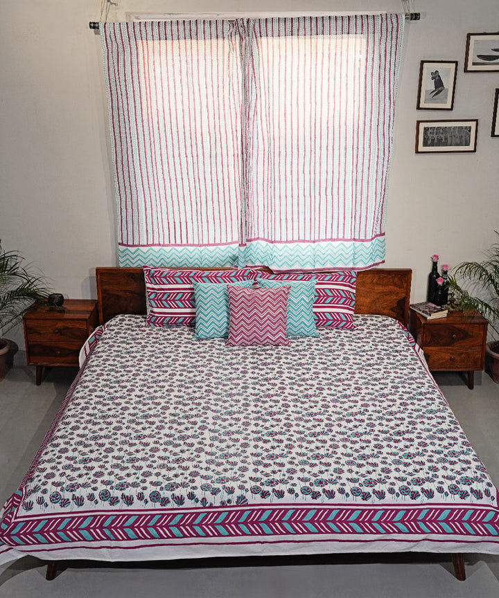 Pink sky blue Hand block printed Cotton Sanganeri Bedsheet