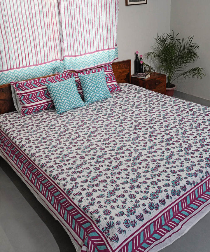 Pink sky blue Hand block printed Cotton Sanganeri Bedsheet