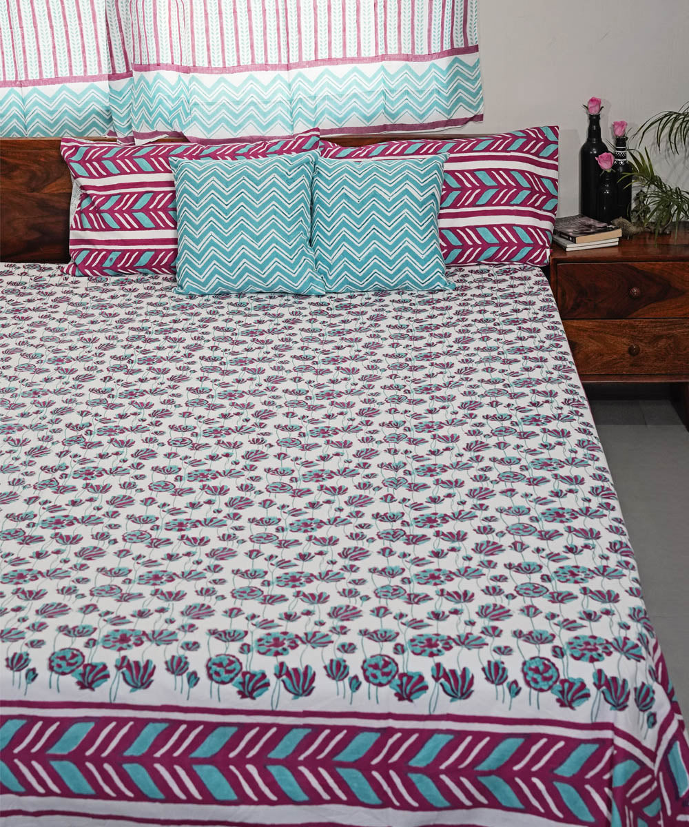 Pink sky blue Hand block printed Cotton Sanganeri Bedsheet