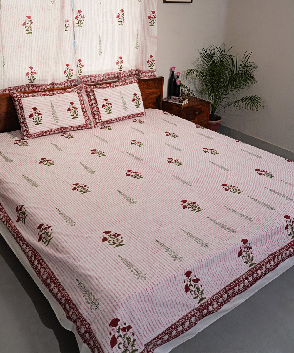 Mustard green Hand block printed Cotton Sanganeri Bedsheet