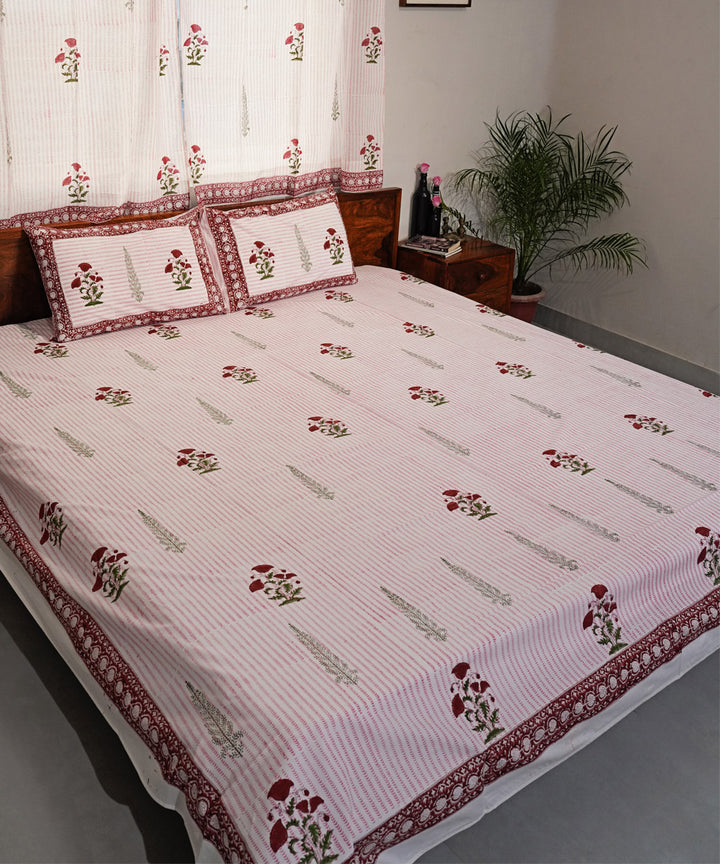 Mustard green Hand block printed Cotton Sanganeri Bedsheet