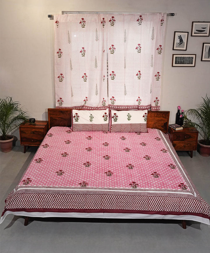 Maroon pink Hand block printed Cotton Sanganeri Bedsheet