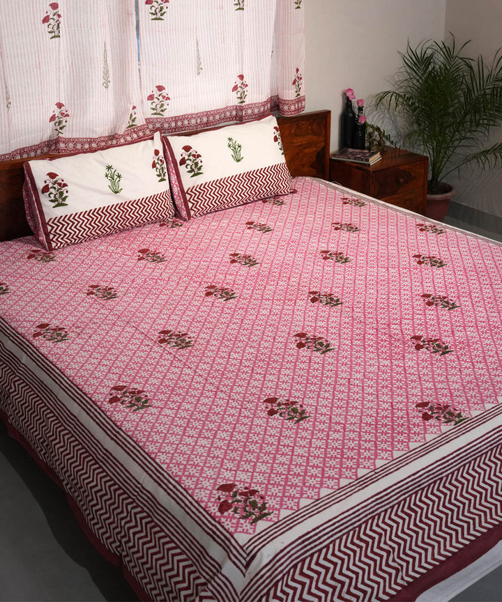 Maroon pink Hand block printed Cotton Sanganeri Bedsheet