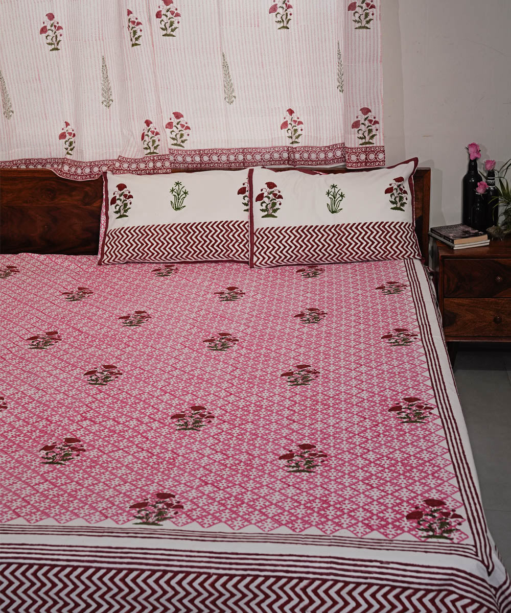 Maroon pink Hand block printed Cotton Sanganeri Bedsheet