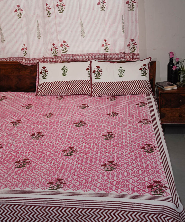 Maroon pink Hand block printed Cotton Sanganeri Bedsheet