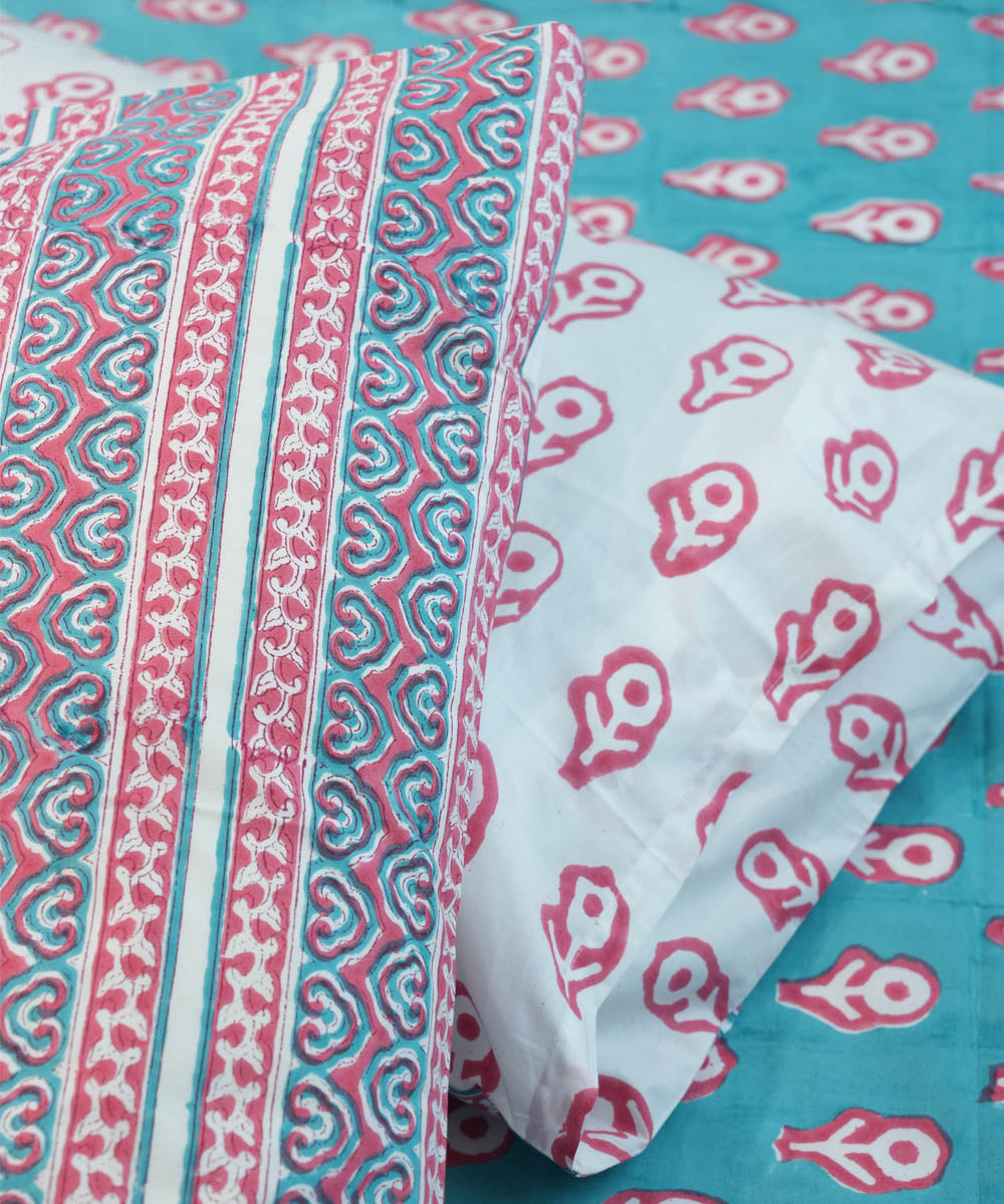 Teal Green pink Hand block printed Cotton Sanganeri Bedsheet