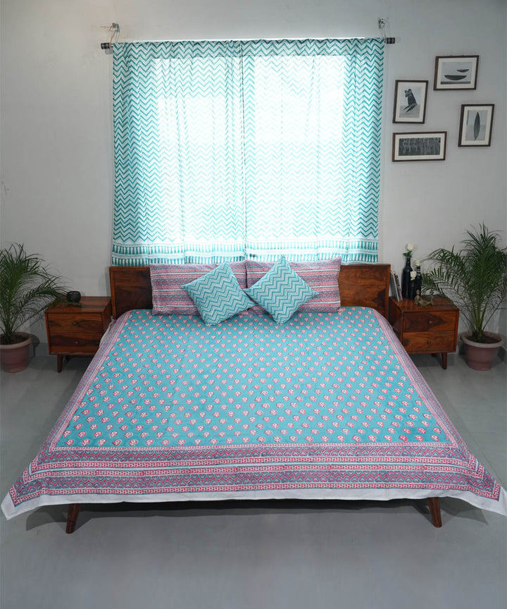 Teal Green pink Hand block printed Cotton Sanganeri Bedsheet