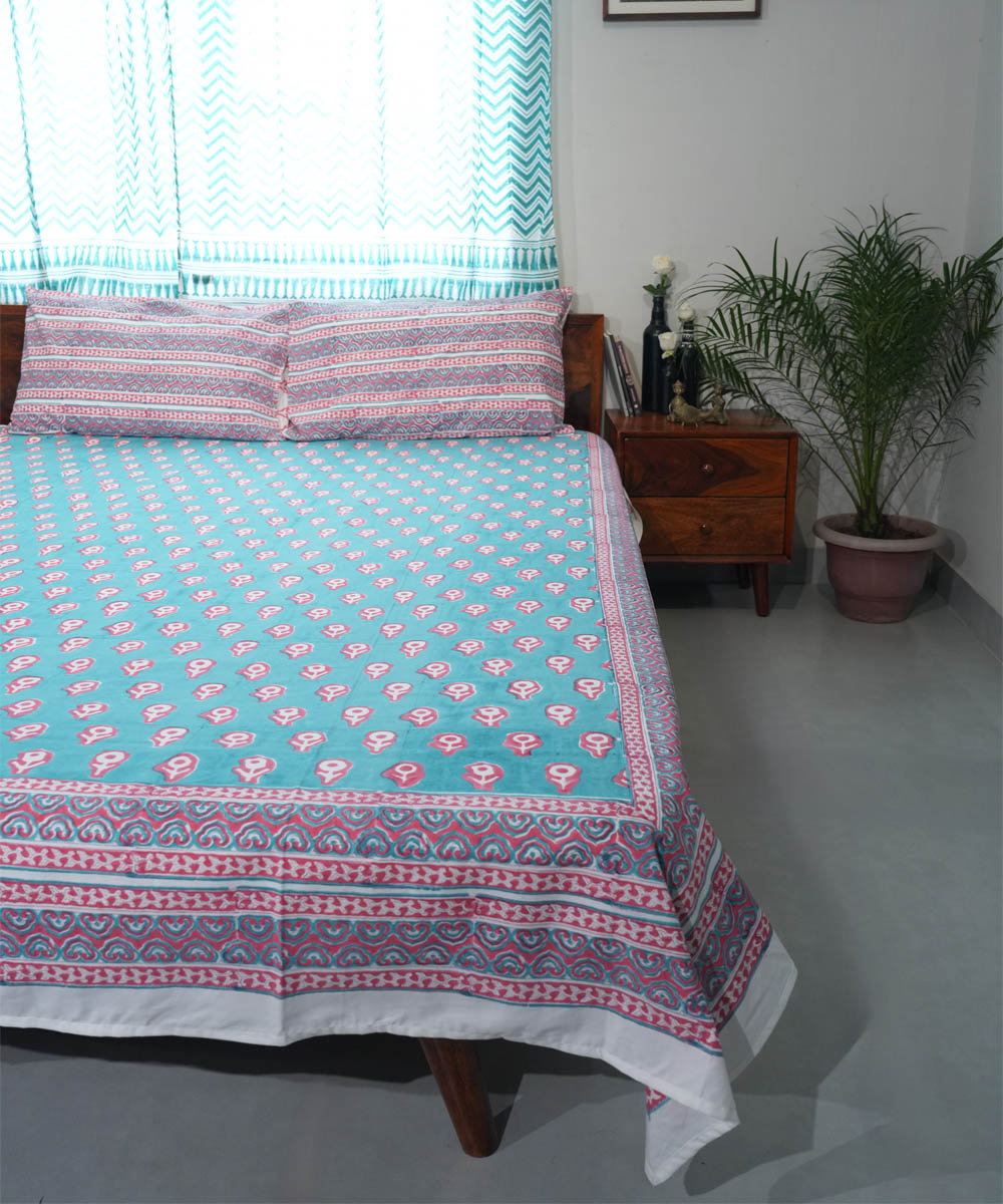 Teal Green pink Hand block printed Cotton Sanganeri Bedsheet