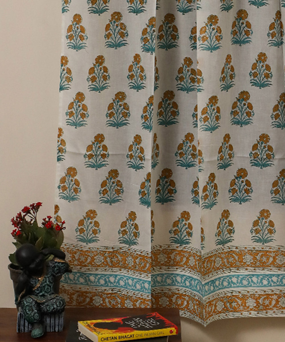 White yellow hand printed cotton window curtain