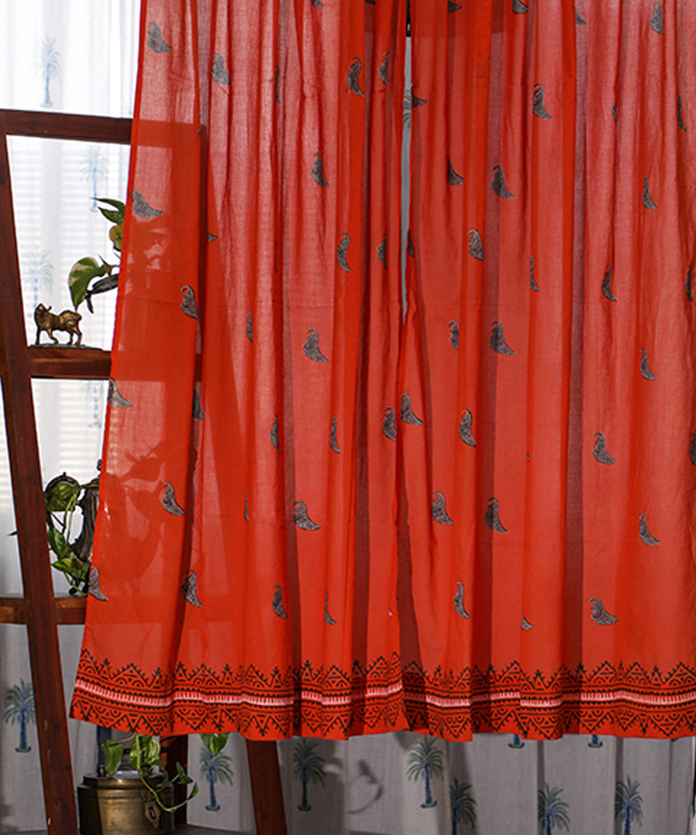 Red white hand printed sanganeri cotton window curtain