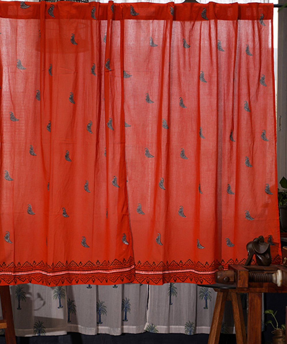 Red white hand printed sanganeri cotton window curtain