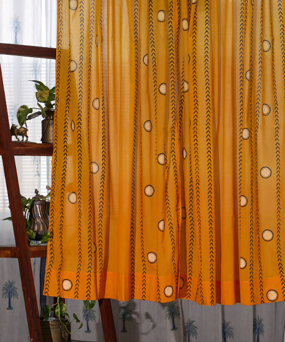 Yellow white hand printed sanganeri cotton window curtain