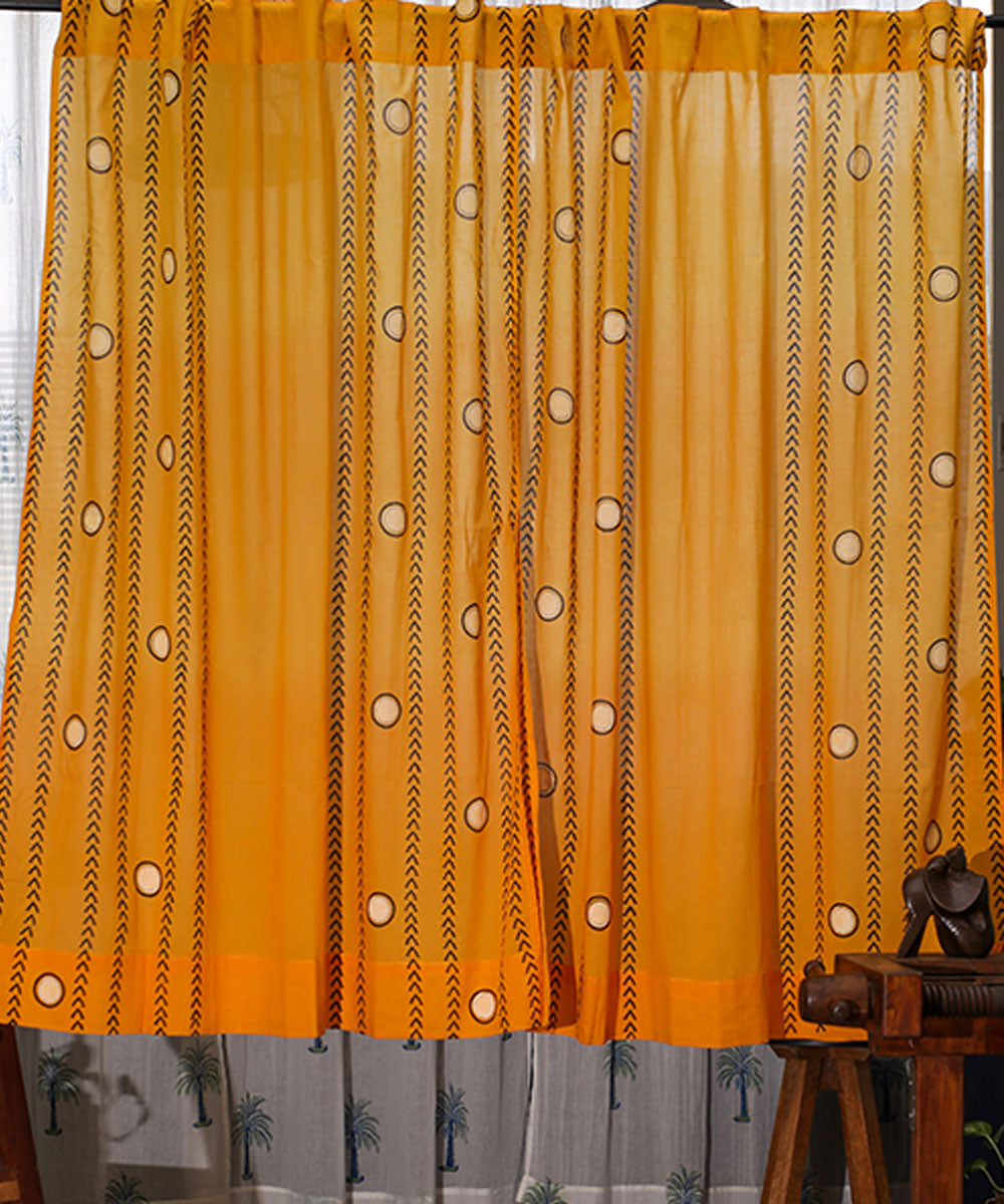 Yellow white hand printed sanganeri cotton window curtain