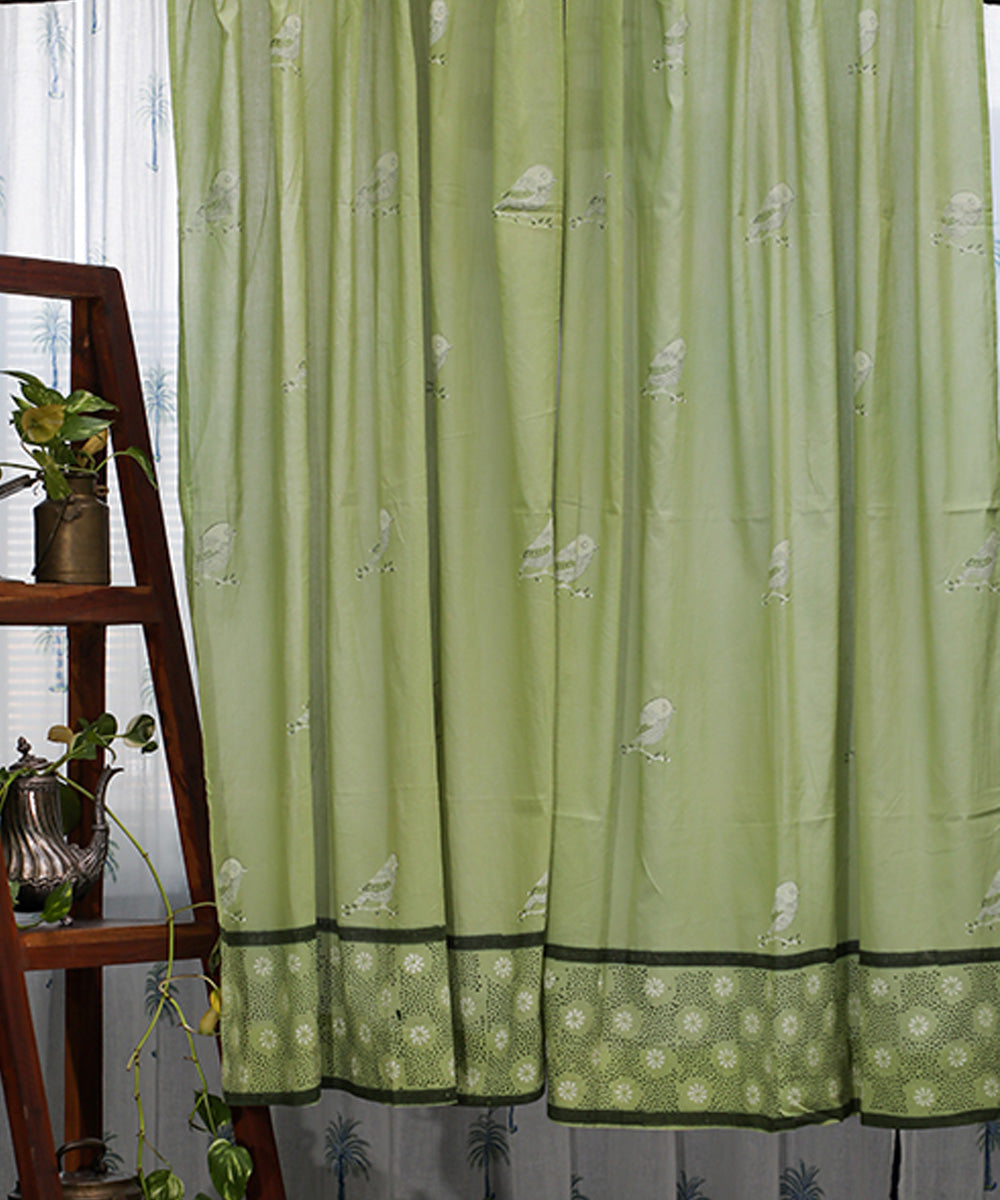 Lime green green hand printed sanganeri cotton window curtain