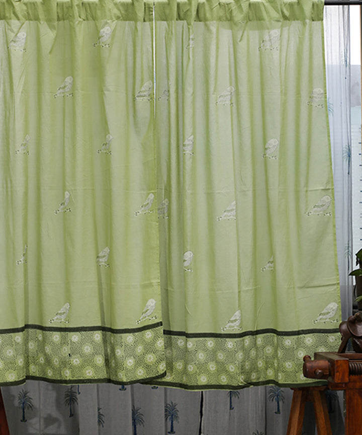Lime green green hand printed sanganeri cotton window curtain
