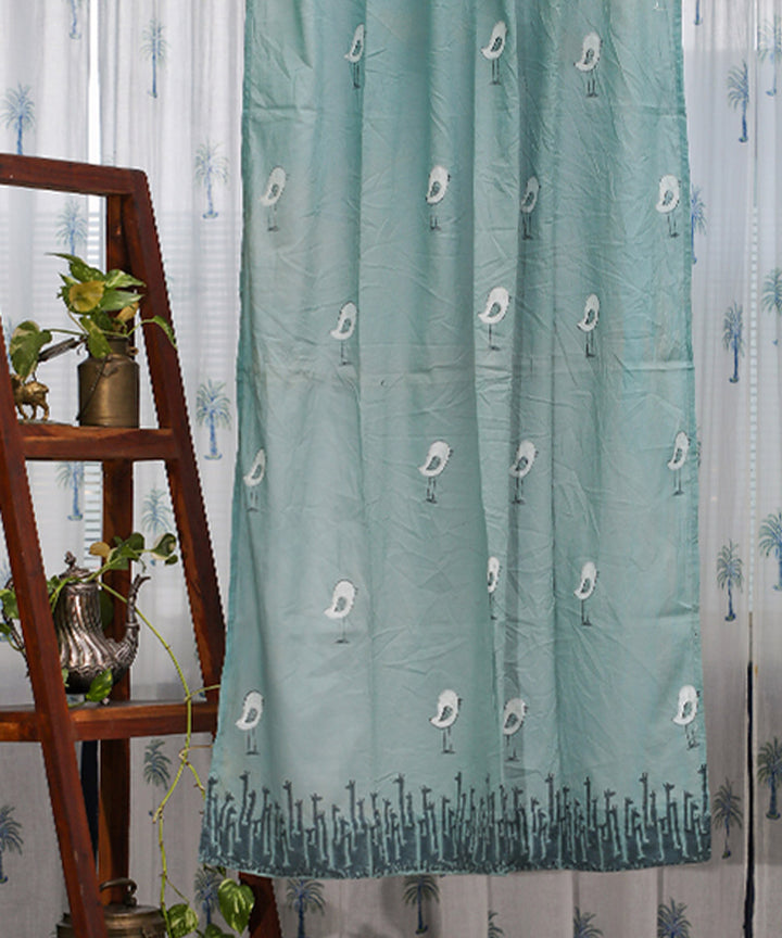 Cyan green white hand printed sanganeri cotton window curtain