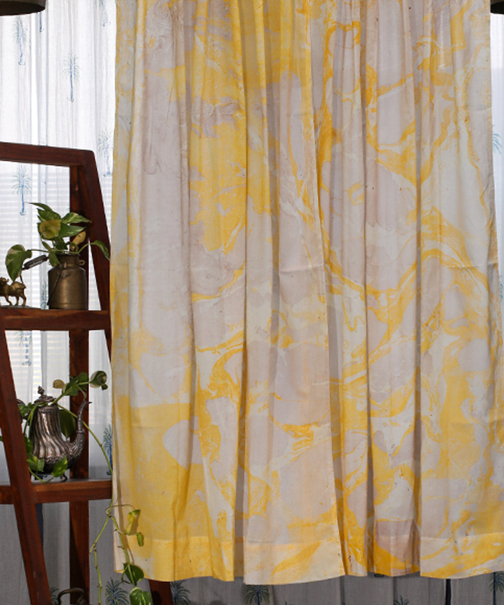 Yellow white hand printed cotton window curtain