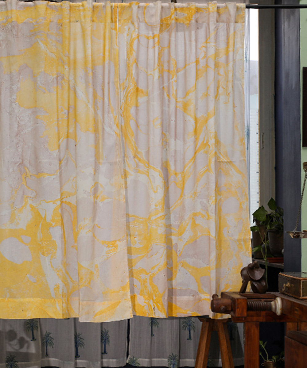 Yellow white hand printed cotton window curtain