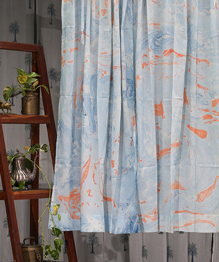 White sky blue hand printed cotton window curtain