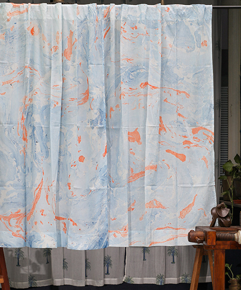 White sky blue hand printed cotton window curtain