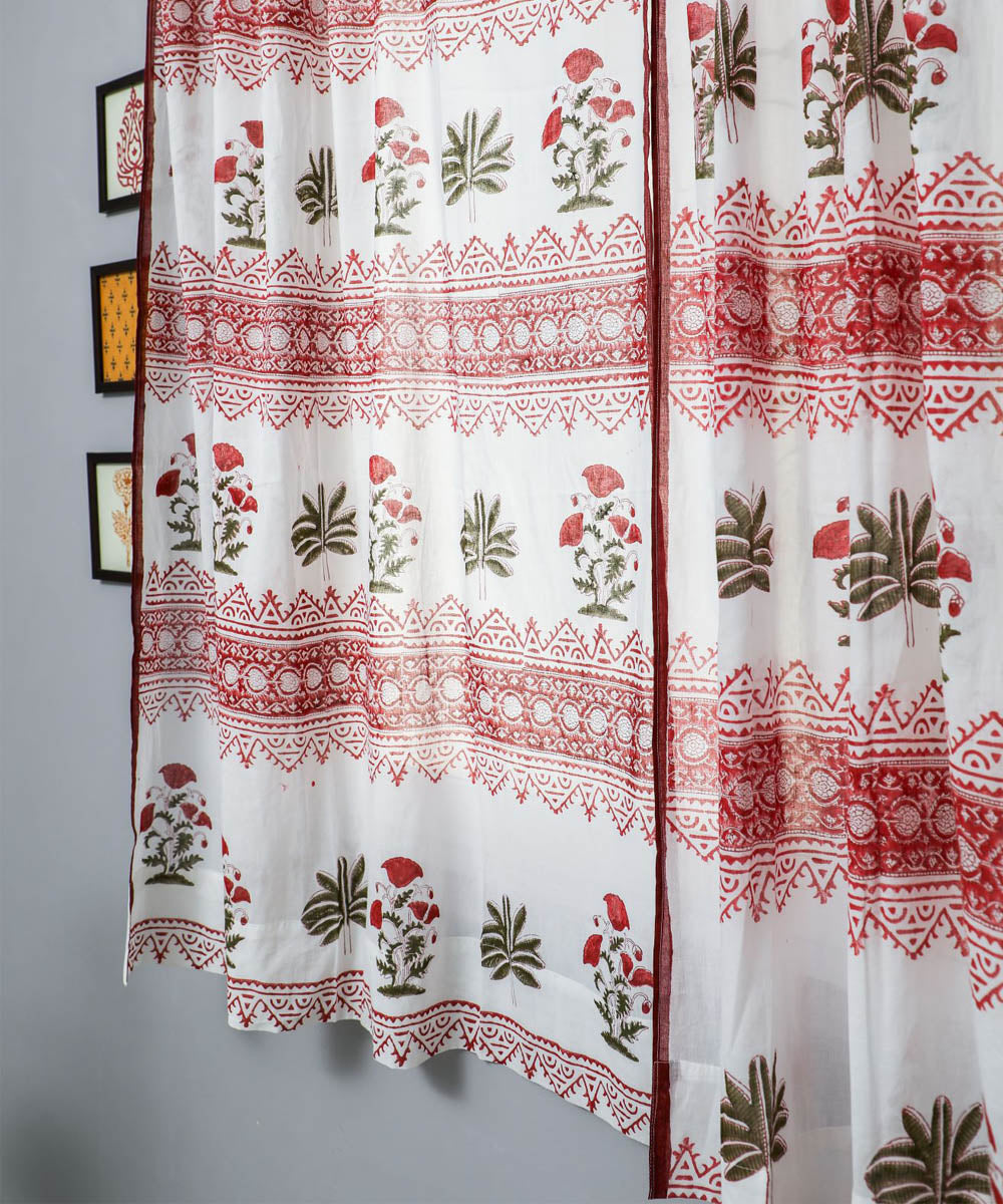 White red striped hand printed sanganeri cotton window curtain