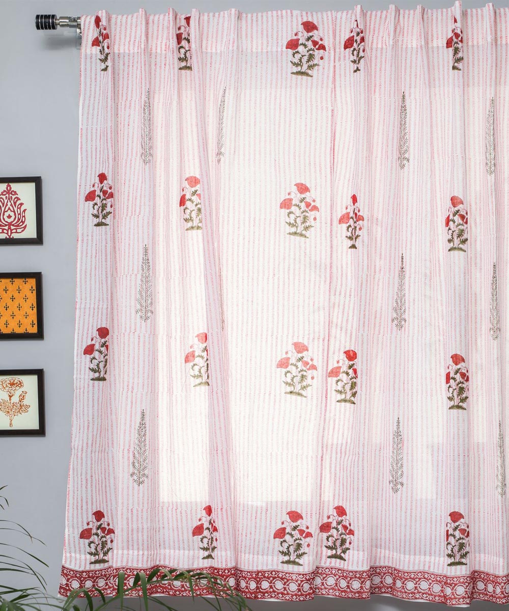 White red floral hand printed sanganeri cotton window curtain