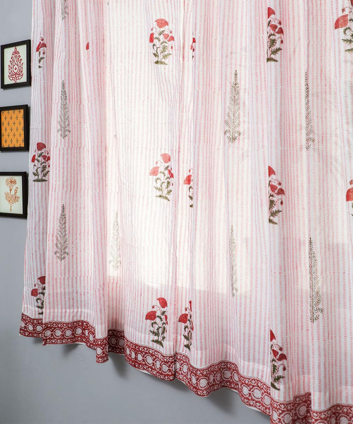White red floral hand printed sanganeri cotton window curtain