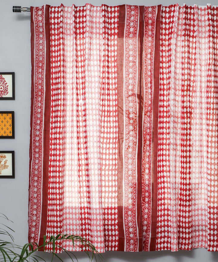 White over red hand printed sanganeri cotton window curtain