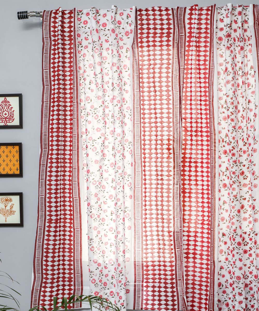 White red striped hand printed cotton sanganeri window curtain