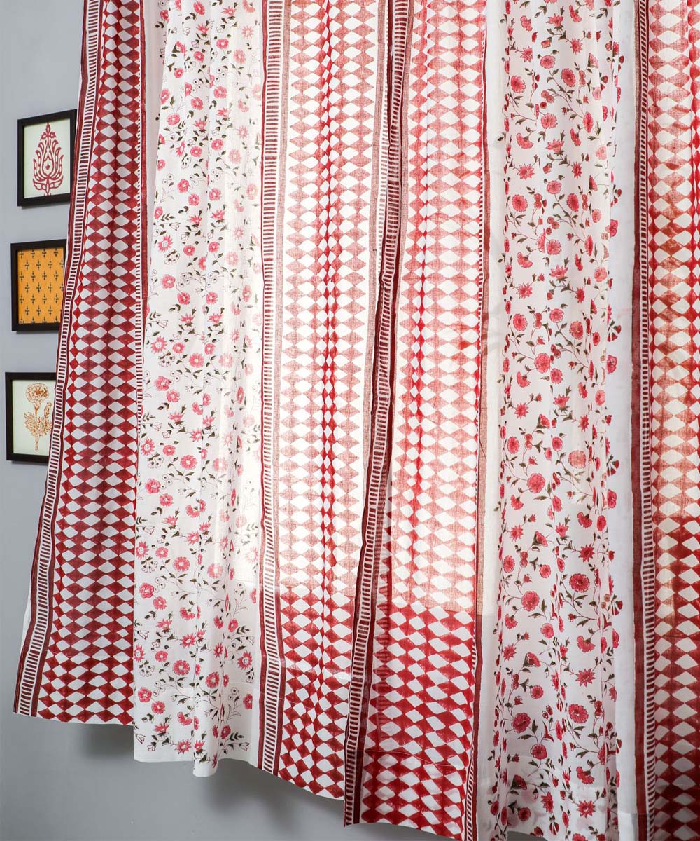 White red striped hand printed cotton sanganeri window curtain