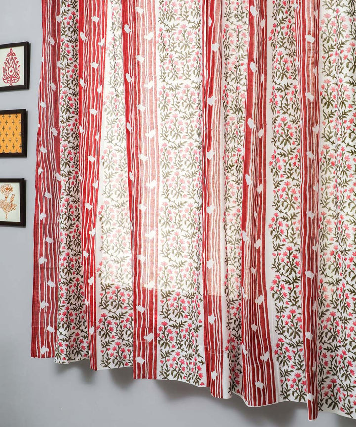 White red striped hand print sanganeri cotton window curtain