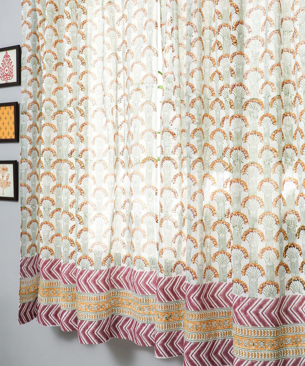 Grey yellow hand printed sanganeri cotton window curtain