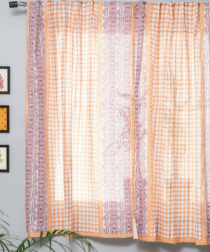 Orange yellow hand printed sanganeri cotton window curtain