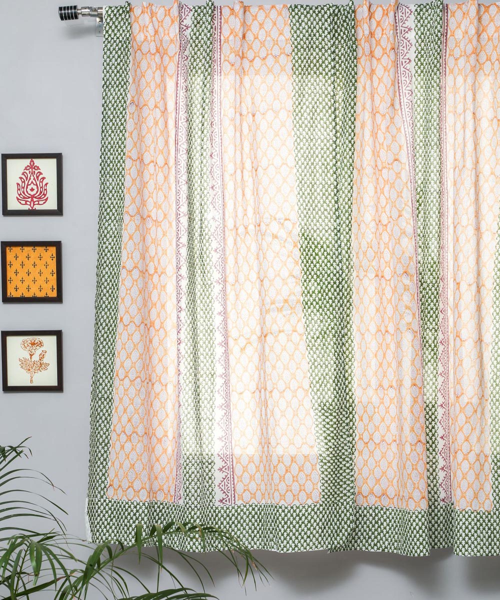 Orange green hand bloack printed sanganeri cotton window curtain