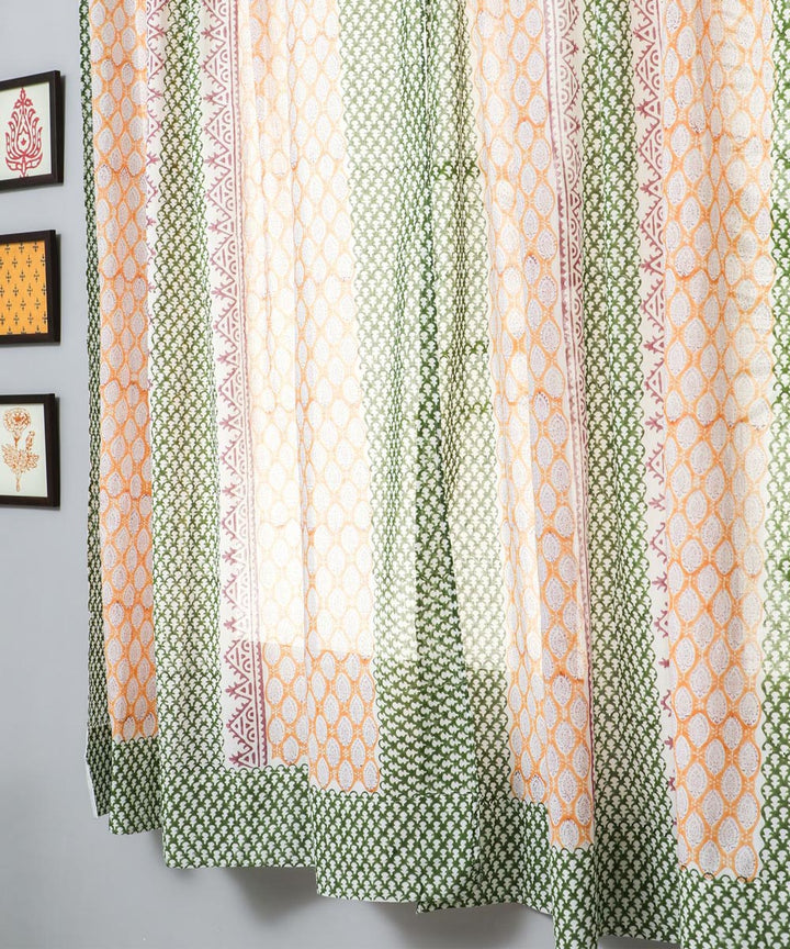 Orange green hand bloack printed sanganeri cotton window curtain