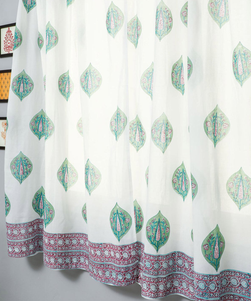White green cotton hand block printed sanganeri window curtain
