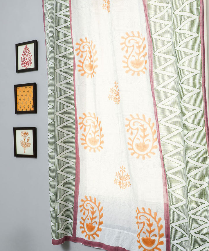 Orange green hand block printed sanganeri cotton window curtain