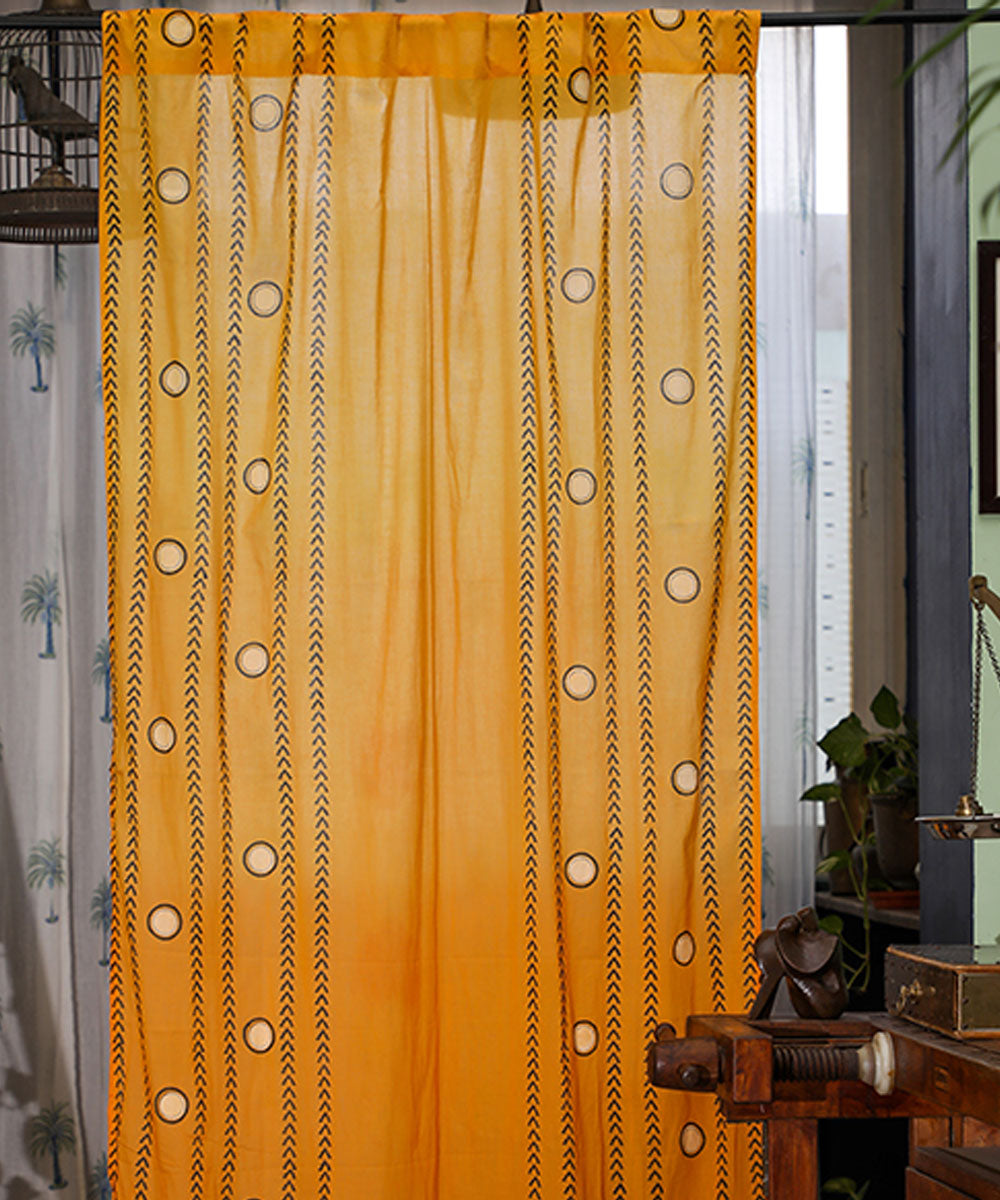 White mustard hand printed sanganeri cotton door curtain