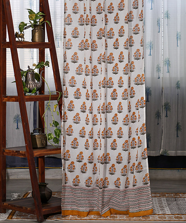 White mustard floral hand printed sanganeri cotton door curtain