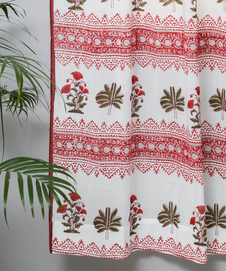 White red floral hand print sanganeri cotton door curtain