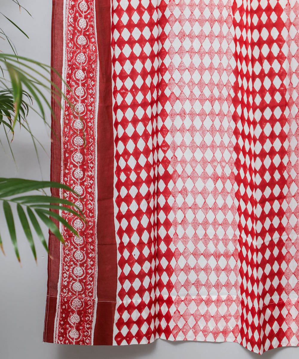 Red white striped hand printed sanganeri cotton door curtain