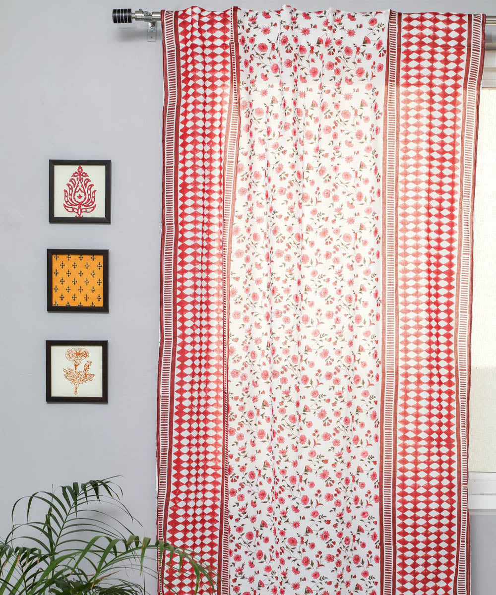 White red hand block print sanganeri cotton door curtain