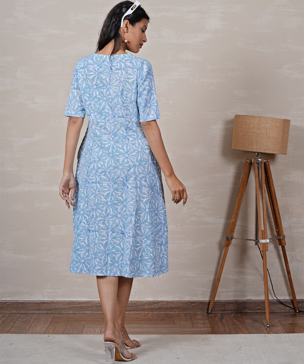 Sky blue handblock printed cotton floral dress