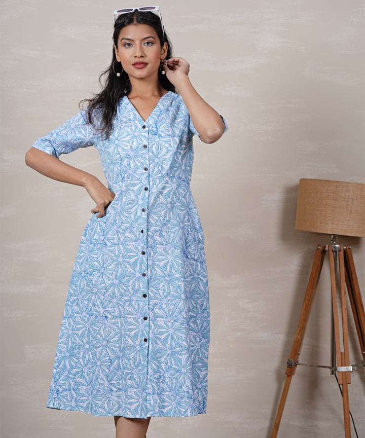 Sky blue handblock printed cotton floral dress